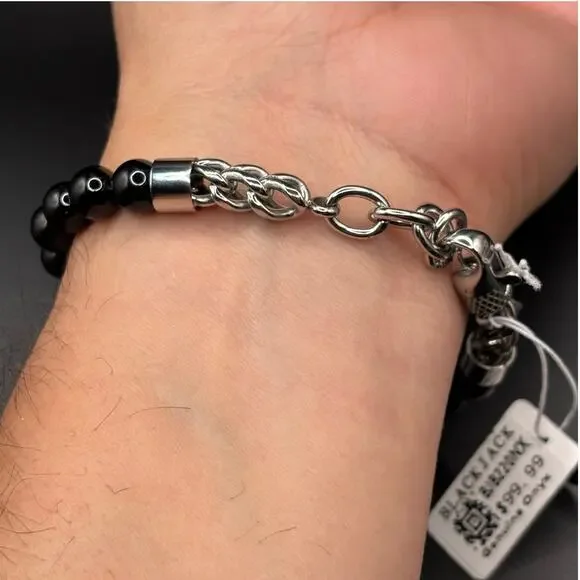 Blackjack BJB220NX Mens Genuine Onyx Bead & Stainless Steel Franco Bracelet NWT